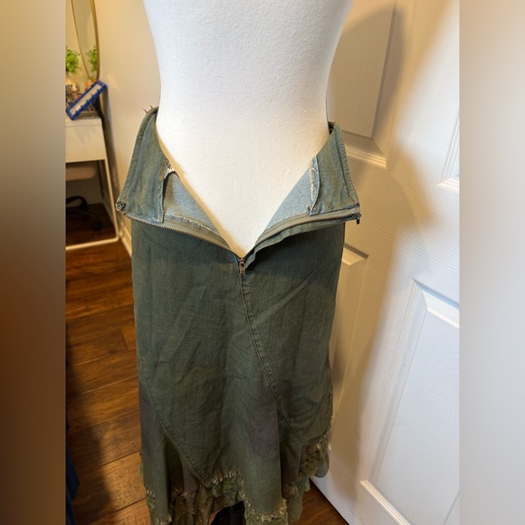 Simon Chang Olive Green Midi Skirt Beaded Floral Lace Hem Size 12 - Picture 10 of 10